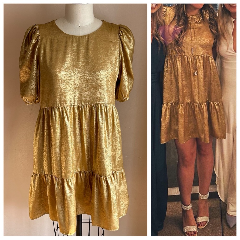 TCEC Metallic Gold Mini Dress with Puff Sleeve